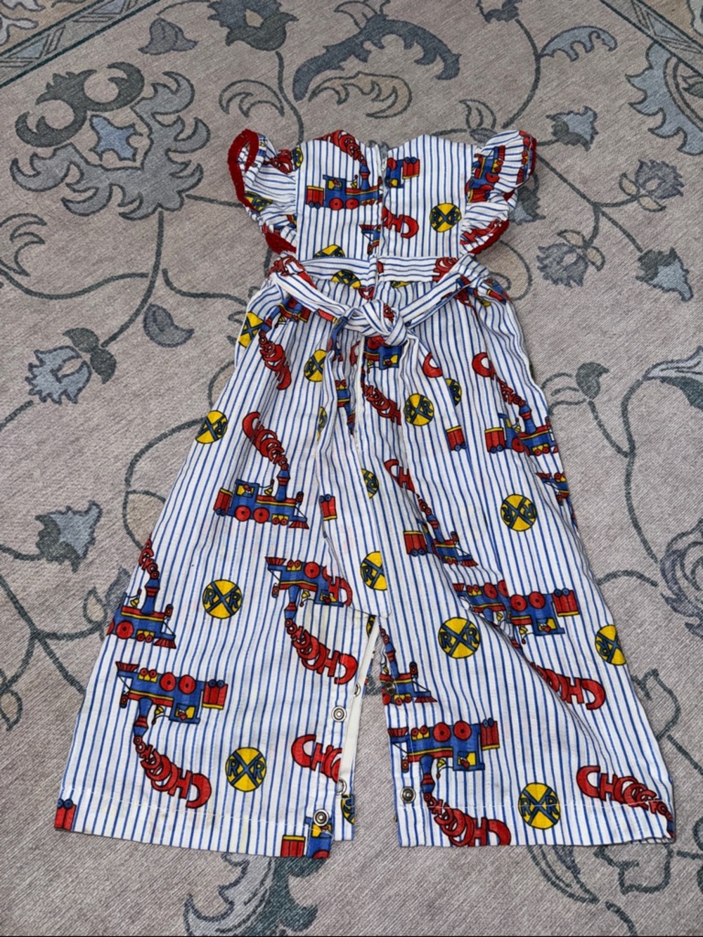 Kids Striped Cotton Romper Red Train Print Handmade Vintage - Picture 6 of 7